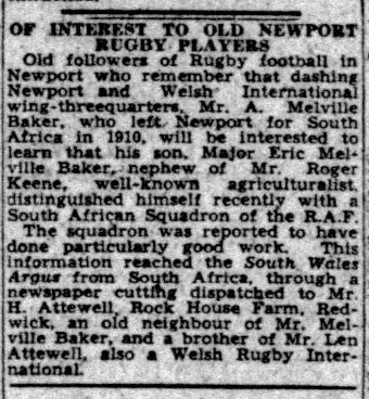 Eric Baker in the South Wales Argus 1943