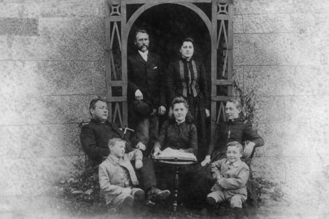 The Philips family at Bryngwyn Farm c.1884. Ebenezer middle left, Catherine middle right.